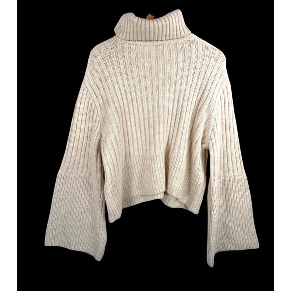 Mango bell sleeves chunky cable knit turtle neck oversized sweater cream sz M - Picture 2 of 7
